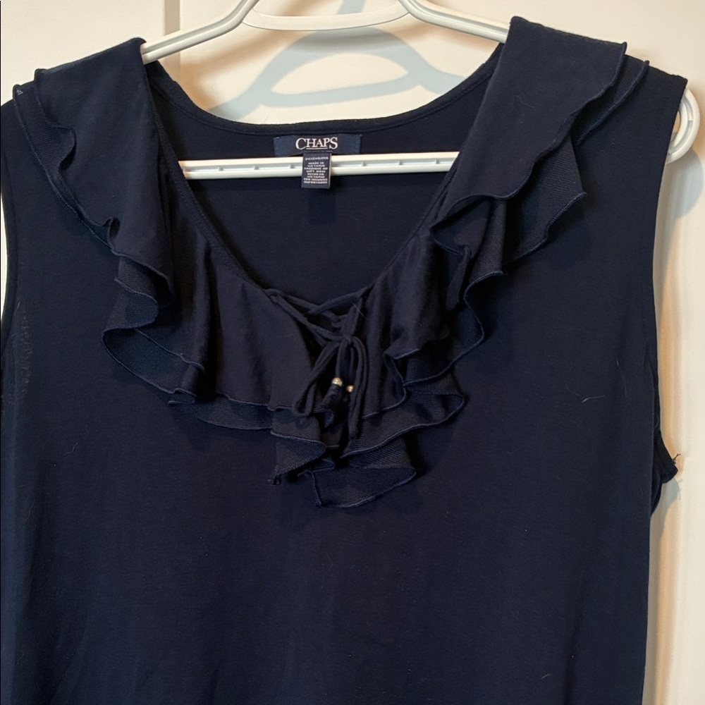 Chaps Ralph Lauren Cotton Navy Blue Ruffle Sleeveless Top. B17